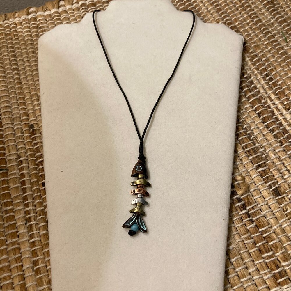 Metal Colored Sectioned Sardine Fish On Black Cord Ne… - Gem
